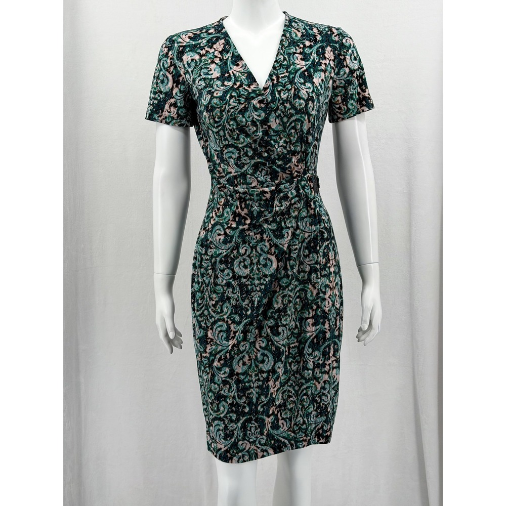 Anne Klein Dress Womens 4 Green Paisley Ruched Buckle Sheath Knee Length Office